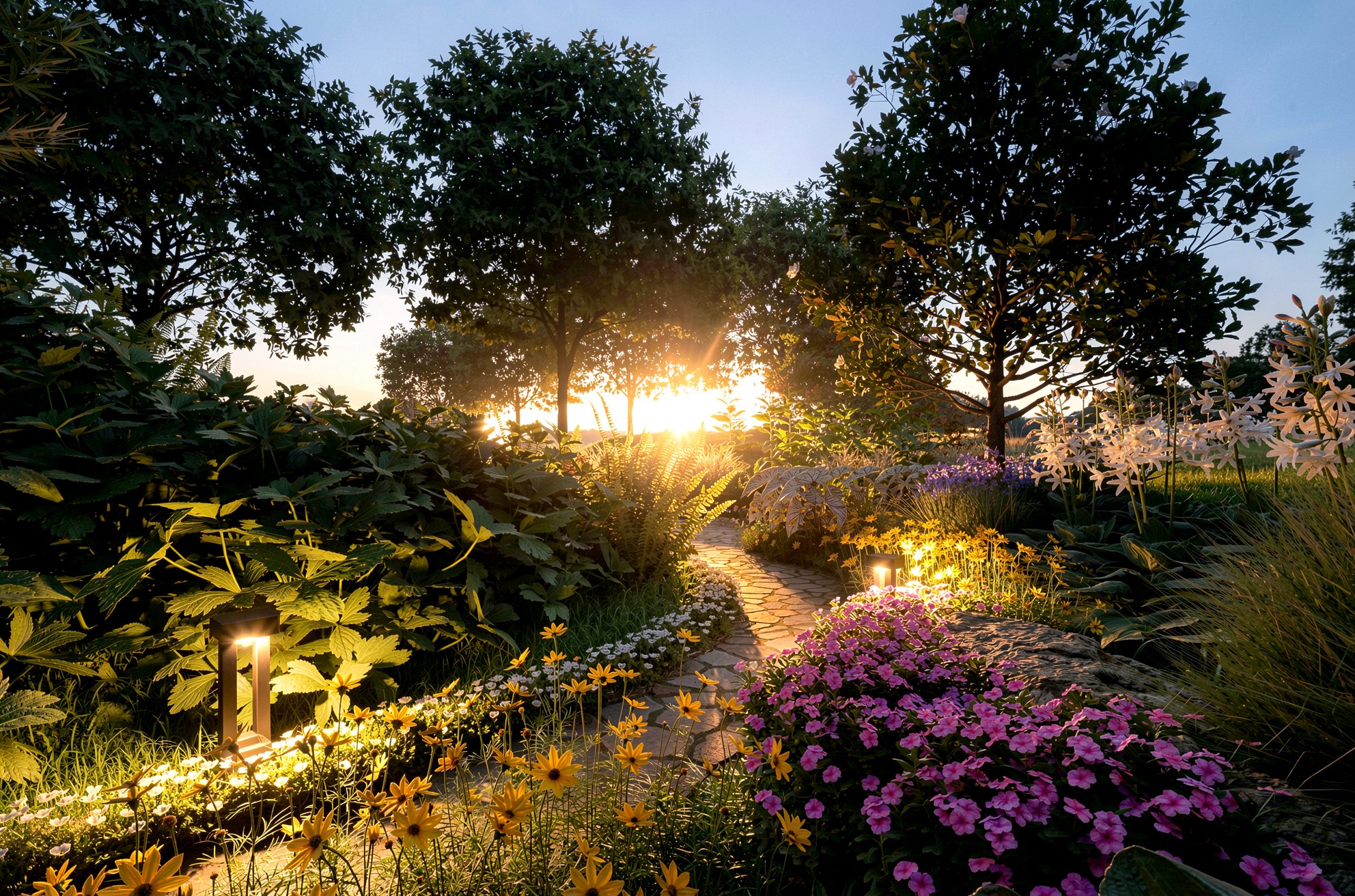 Lantern-lit garden path with flowering native plants at sunset
