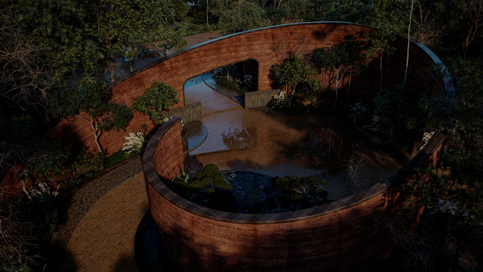 Circular earthen cottage with a courtyard pool at The Quiet Estate