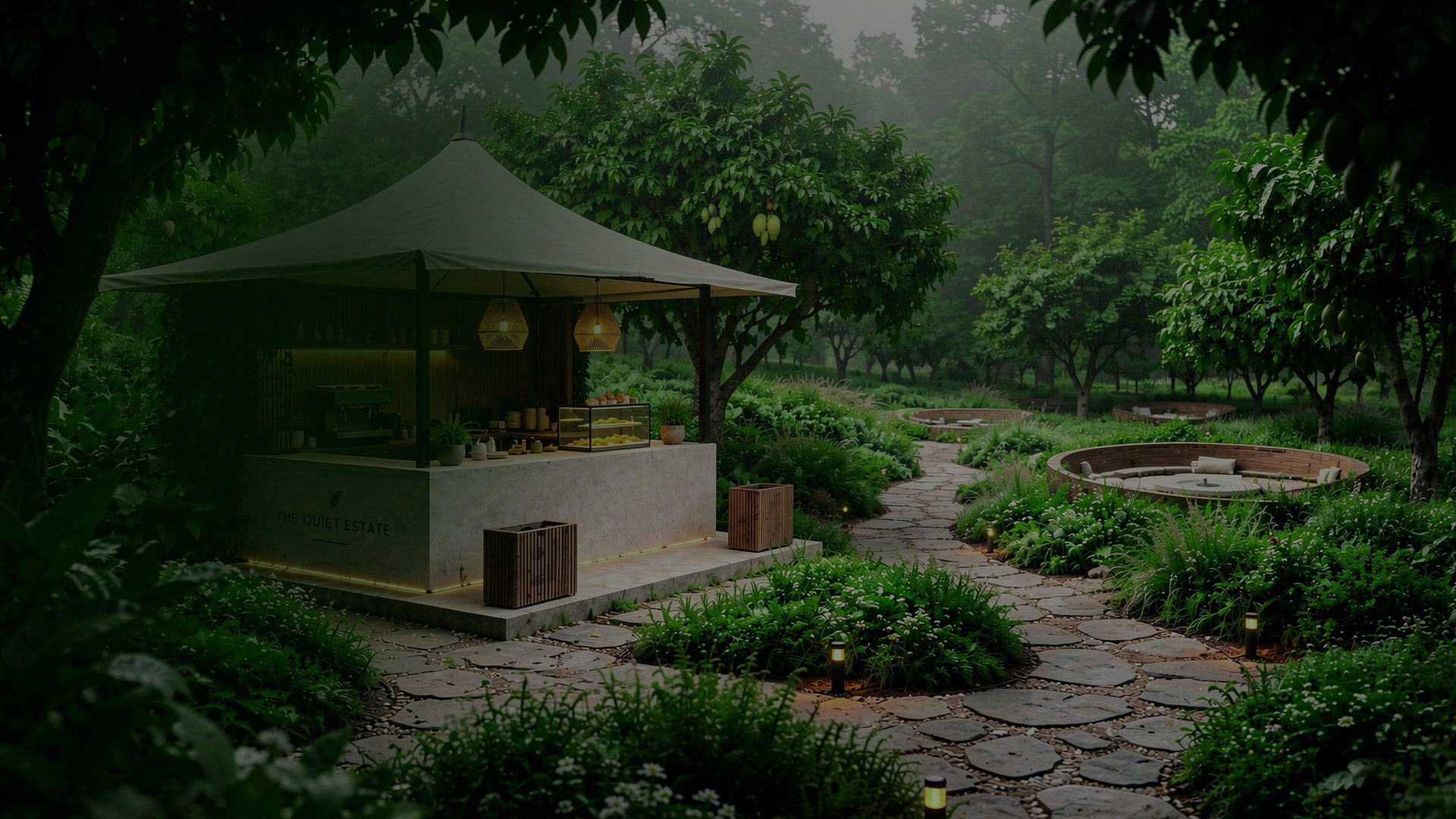 Canopy kiosk along a stone-paved mango trail